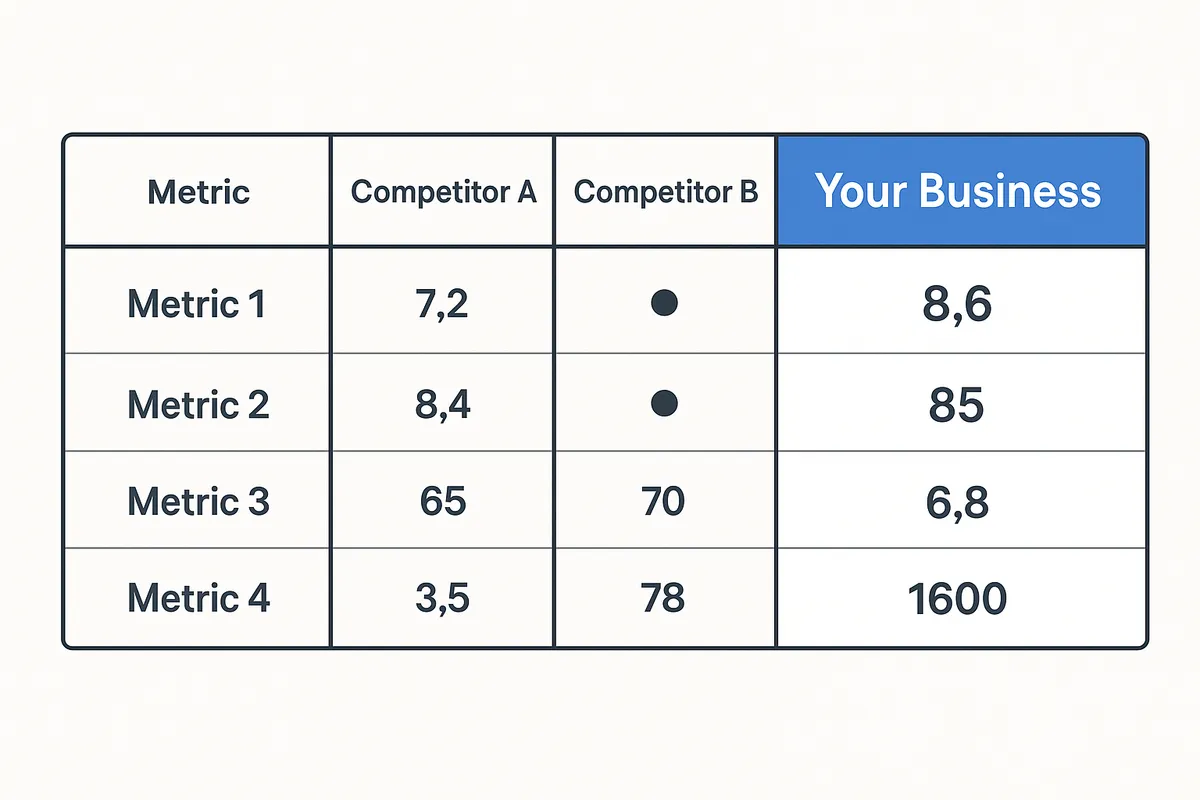 Comparison table visualization showing competitor metrics side-by-side with your business