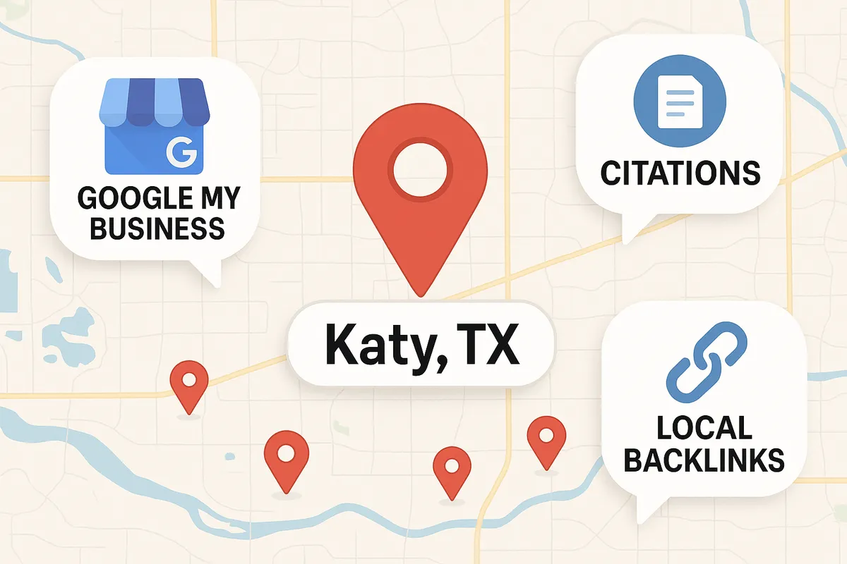 Map visualization showing local SEO elements like Google My Business, citations, and local backlinks within Katy, TX