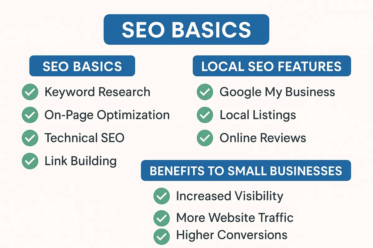 Visual checklist highlighting SEO basics, local SEO features, and benefits to small businesses