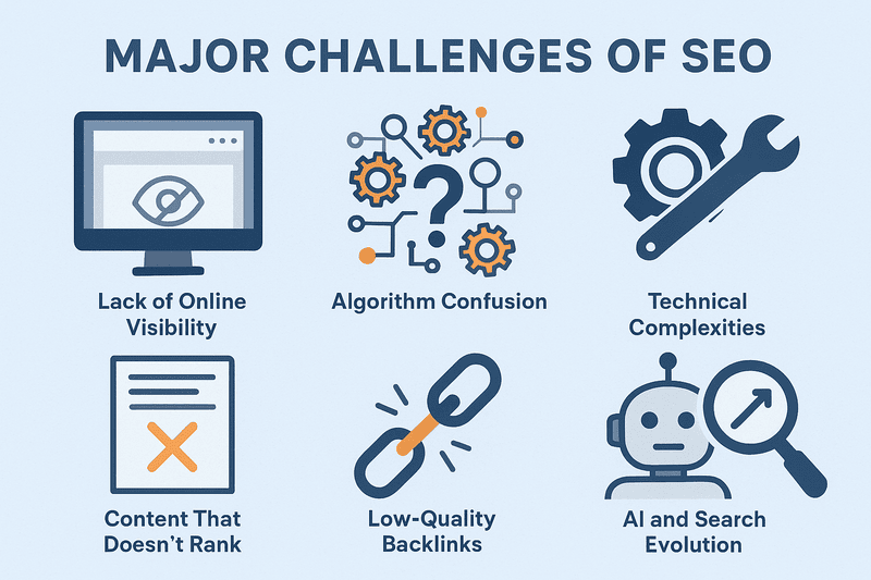 An illustration depicting the various challenges faced by businesses in their search engine optimization efforts.