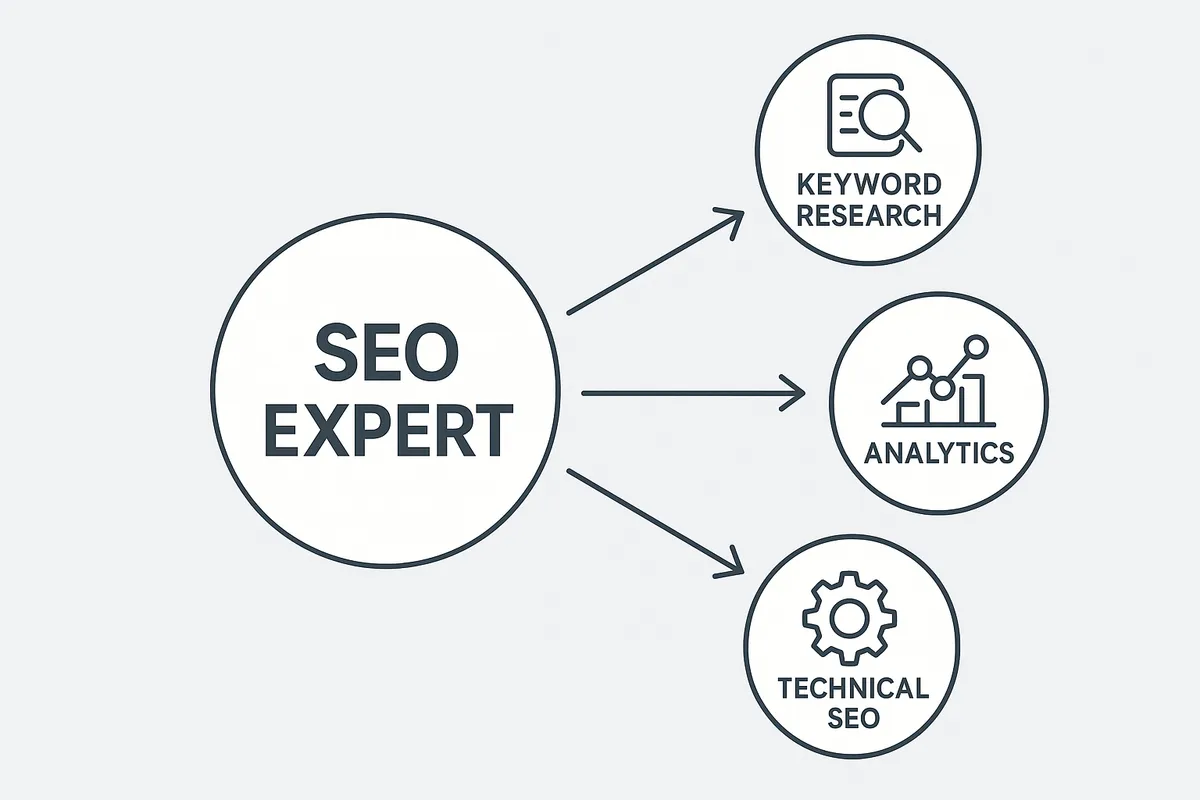 Framework diagram illustrating different roles of an SEO expert including keyword research, technical SEO, and analytics