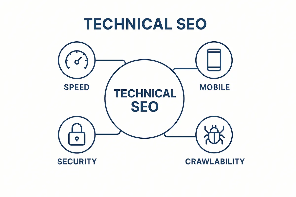 Framework diagram illustrating technical SEO components like speed, mobile, security, and crawlability